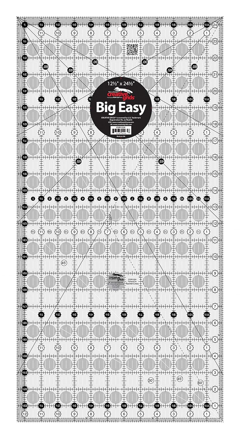 Creative Grids Quilt Ruler 12-1/2in x 24-1/2in Rectangle – CGR1224 – Made in USA, Non-Slip Grip Acrylic Quilting, Sewing, Crafting, Patchwork Ruler for Measuring & Cutting Fabric